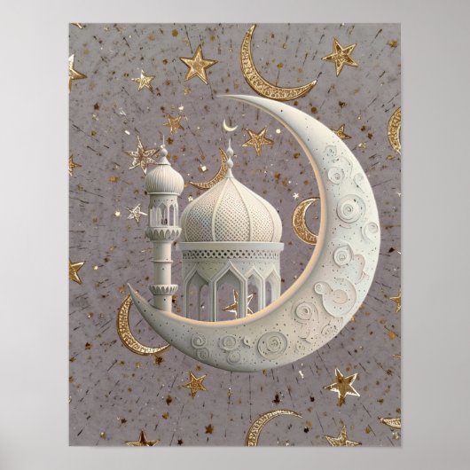 Elegant 3D White Crescent & Mosque Ramadan Design ポスター (正面)
