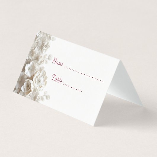 Elegant 3D White Floral Burgundy Place Card (正面)