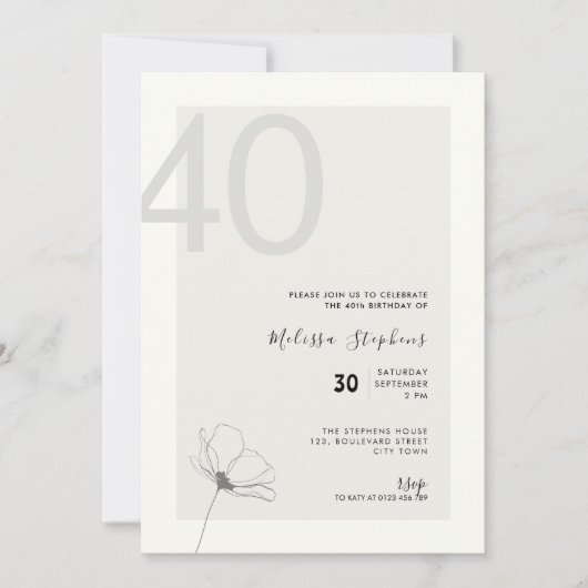 Elegant 40th Birthday Invitation - Minimal Style 招待状 (正面)