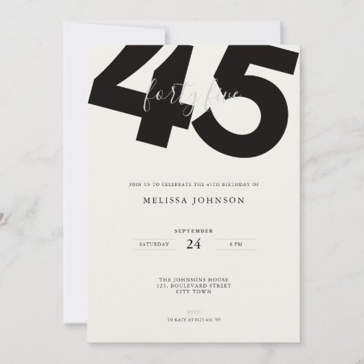 Elegant 45th Birthday Invitation - Minimal Style 招待状 (正面)