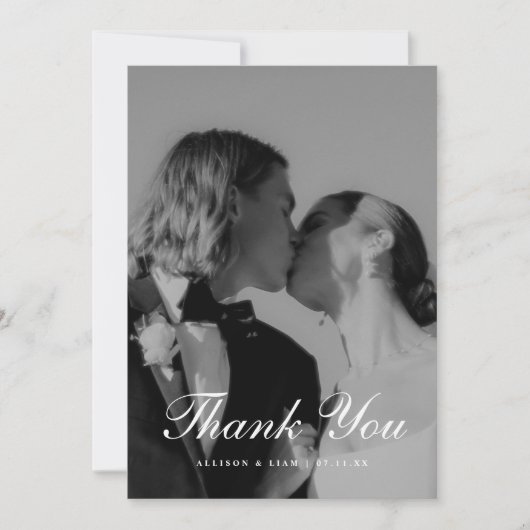 Elegant 4-Photo Black & White Script Wedding サンキューカード (正面)