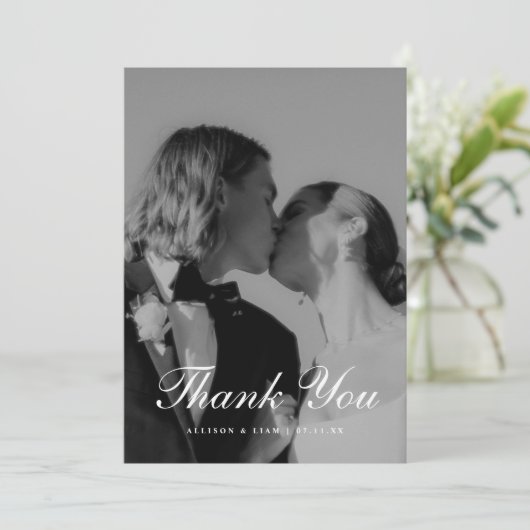 Elegant 4-Photo Black & White Script Wedding サンキューカード (スタンド正面)