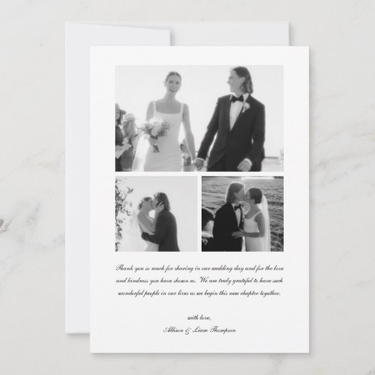 Elegant 4-Photo Black & White Script Wedding サンキューカード (裏面)