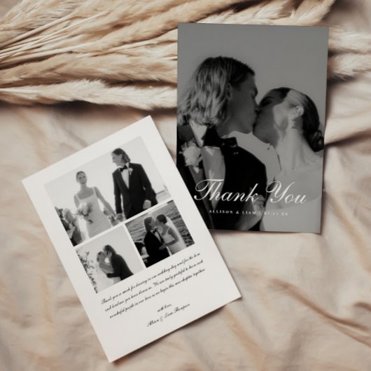 Elegant 4-Photo Black & White Script Wedding サンキューカード
