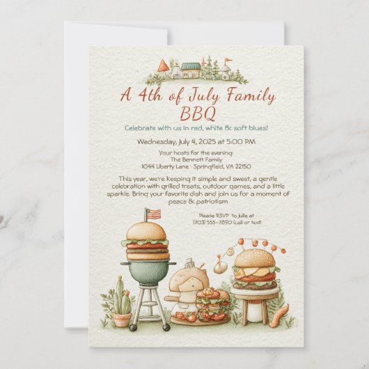 Elegant 4th of July BBQ Invitation – Soft Line Art 招待状 (正面)