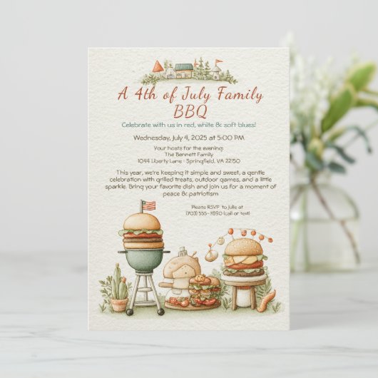 Elegant 4th of July BBQ Invitation – Soft Line Art 招待状 (スタンド正面)