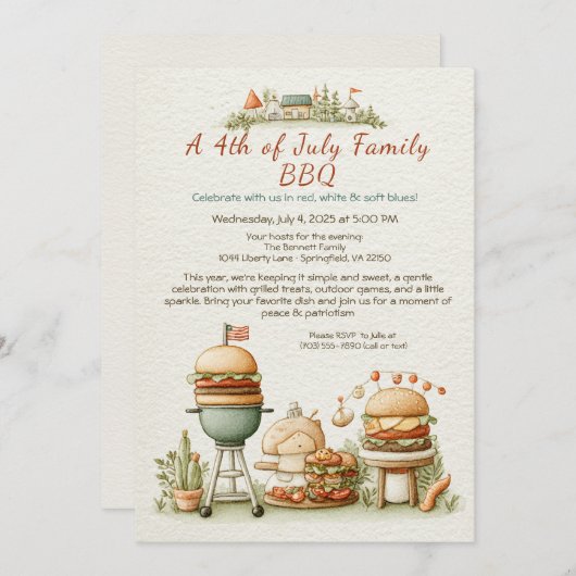 Elegant 4th of July BBQ Invitation – Soft Line Art 招待状 (正面/裏面)