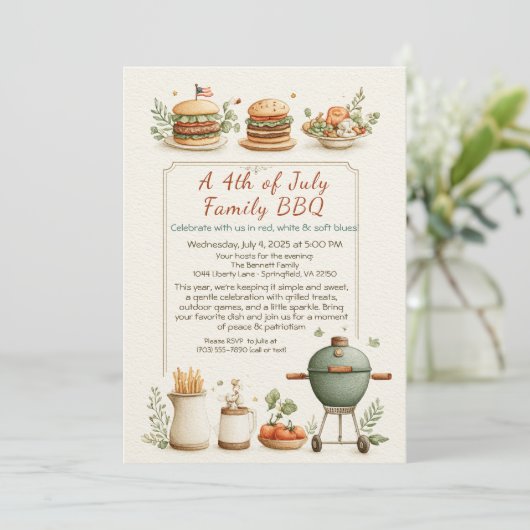 Elegant 4th of July BBQ Invitation – Soft Line Art 招待状 (スタンド正面)