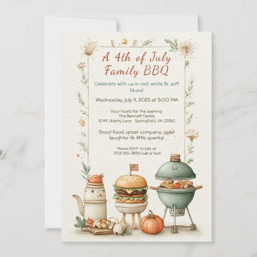 Elegant 4th of July BBQ Invitation – Soft Line Art 招待状 (正面)