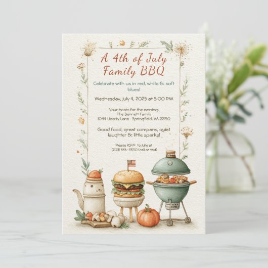 Elegant 4th of July BBQ Invitation – Soft Line Art 招待状 (スタンド正面)