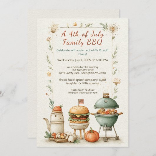 Elegant 4th of July BBQ Invitation – Soft Line Art 招待状 (正面/裏面)