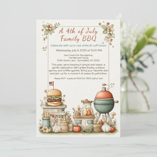 Elegant 4th of July BBQ Invitation – Soft Line Art 招待状 (スタンド正面)