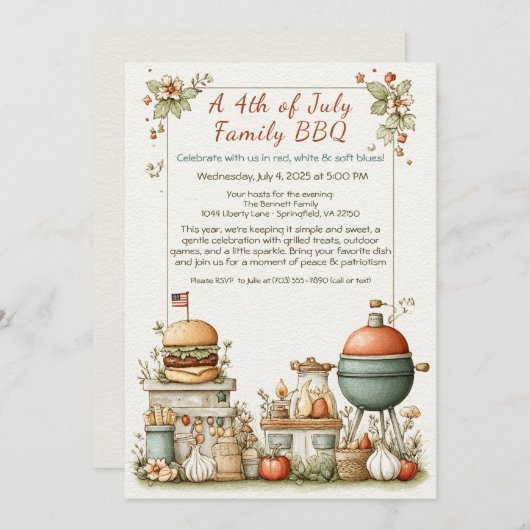 Elegant 4th of July BBQ Invitation – Soft Line Art 招待状 (正面/裏面)