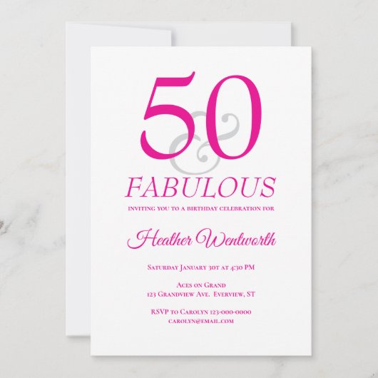 Elegant 50 and Fabulous 50th Birthday Pink 招待状 (正面)