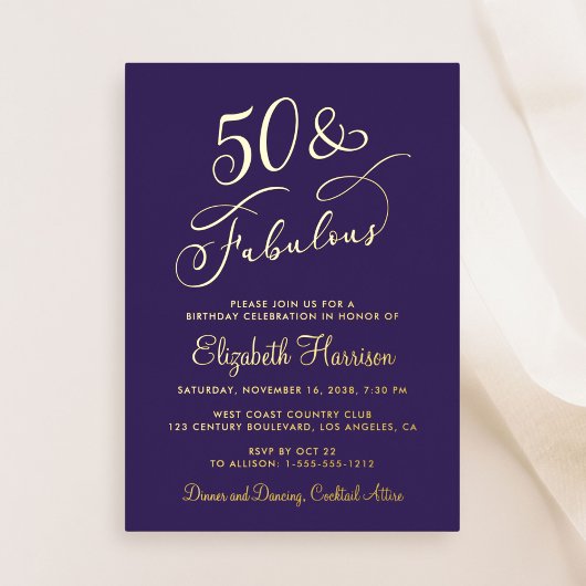 Elegant 50 And Fabulous Purple 50th Birthday Party 箔招待状