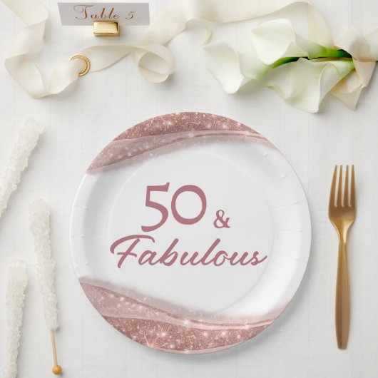 Elegant 50 & Fabulous Rose Gold Birthday Party ペーパープレート (ウェディング)