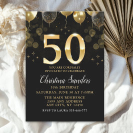 Elegant 50th Birthday Invitation with Gold Ballons 招待状