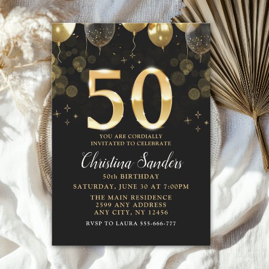 Elegant 50th Birthday Invitation with Gold Ballons 招待状