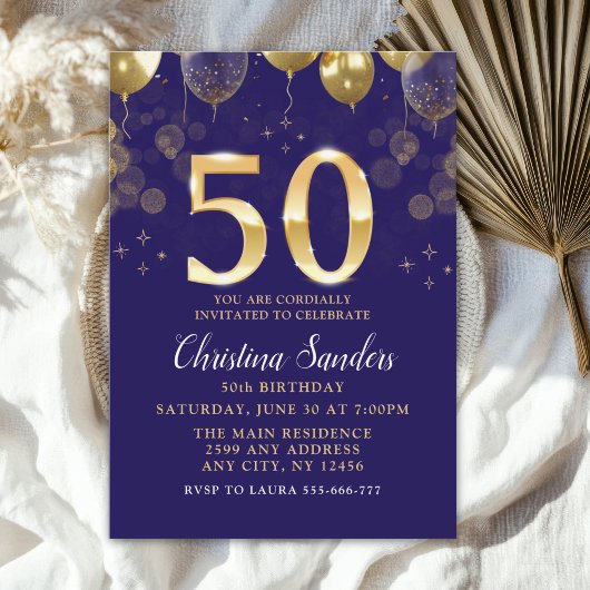 Elegant 50th Birthday Invitation with Gold Ballons 招待状