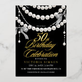  Elegant 50th Birthday Party Black & White Gold 箔招待状 (正面)