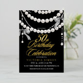  Elegant 50th Birthday Party Black & White Gold 箔招待状 (立ち正面)