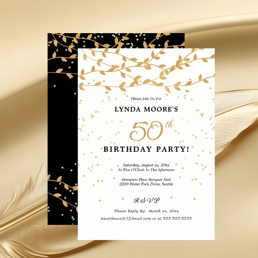 Elegant 50th Birthday Party Gold Leaves 招待状