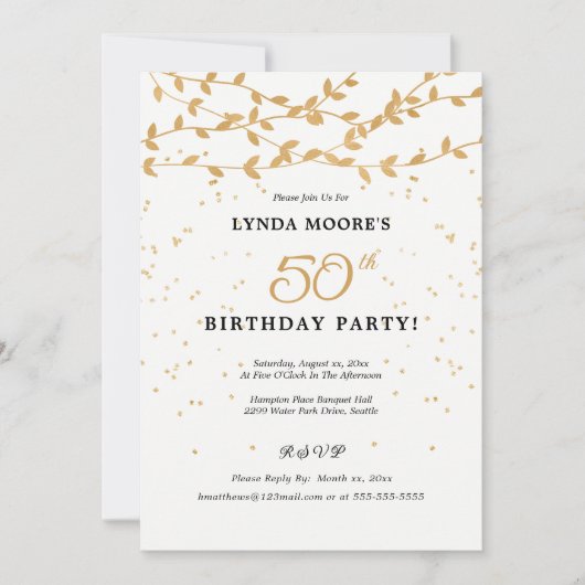 Elegant 50th Birthday Party Gold Leaves 招待状 (正面)