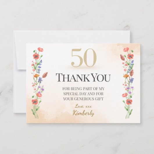 Elegant 50th Birthday – Wildflower Design サンキューカード (正面)