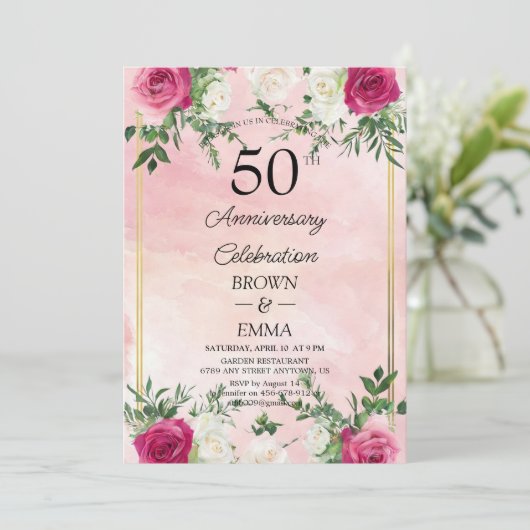 Elegant 50th Wedding Anniversary Floral Celebratio 招待状 (スタンド正面)