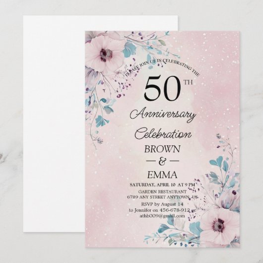 Elegant 50th Wedding Anniversary Floral Celebratio 招待状 (正面/裏面)