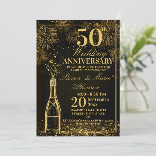Elegant 50th Wedding Anniversary Gold Bottle Fizz 招待状 (スタンド正面)