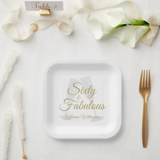 Elegant 60 and Fabulous Birthday Party White Gold  ペーパープレート (ウェディング)