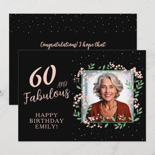 Elegant 60 and Fabulous Flower 60th Birthday Photo カード (正面/裏面)