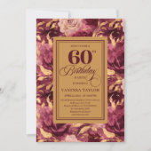 Elegant 60th Birthday Burgundy Blush Gold Floral  招待状 (正面)