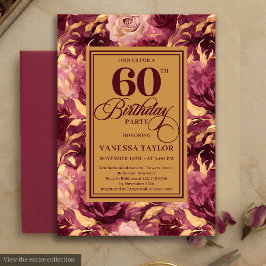 Elegant 60th Birthday Burgundy Blush Gold Floral 招待状