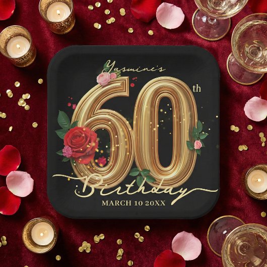 Elegant 60th Birthday Party Black Gold Red Rose ペーパープレート