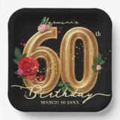 Elegant 60th Birthday Party Black Gold Red Rose ペーパープレート (正面)