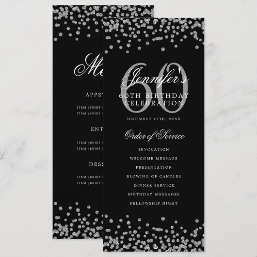 Elegant 60th Birthday Program Silver Confetti Menu 招待状 (正面/裏面)