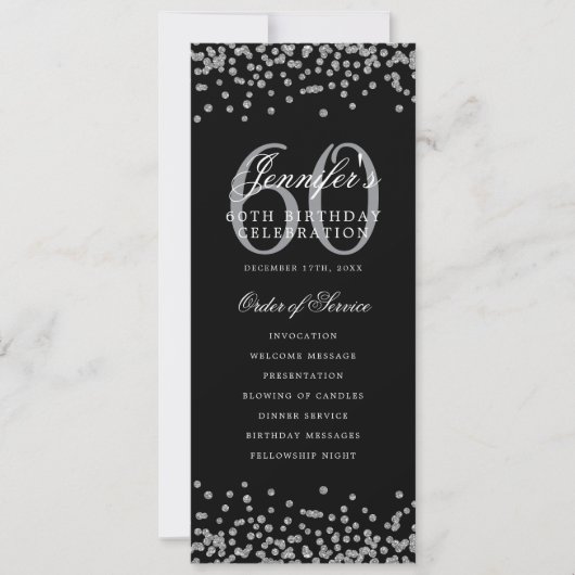 Elegant 60th Birthday Program Silver Confetti Menu 招待状 (正面)