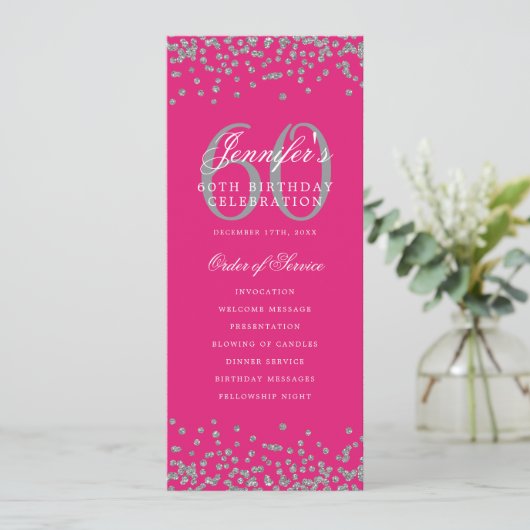 Elegant 60th Birthday Program Silver Hot Pink 招待状 (スタンド正面)