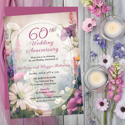 Elegant 60th Wedding Anniversary Party Floral 招待状