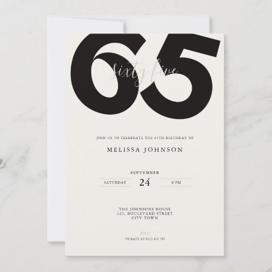 Elegant 65th Birthday Invitation - Minimal Style 招待状 (正面)
