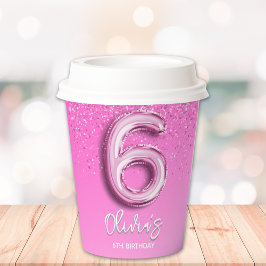 Elegant 6th Birthday Girl with Pink Ballon Number 紙コップ