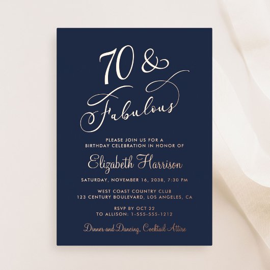 Elegant 70 And Fabulous Blue 70th Birthday Party 箔招待状