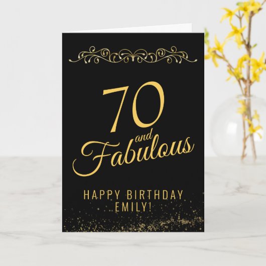 Elegant 70 and Fabulous Ornament 70th Birthday カード (黄色い花)
