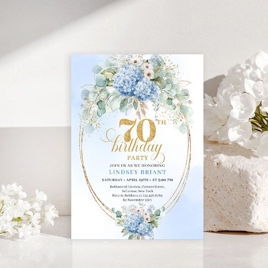 Elegant 70 Birthday Pastel Blue Floral Invitation 招待状