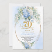 Elegant 70th Birthday Blue Hydrangea Gold Invites 招待状 (正面)