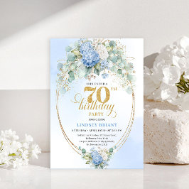 Elegant 70th Birthday Blue Hydrangea Gold Invites 招待状