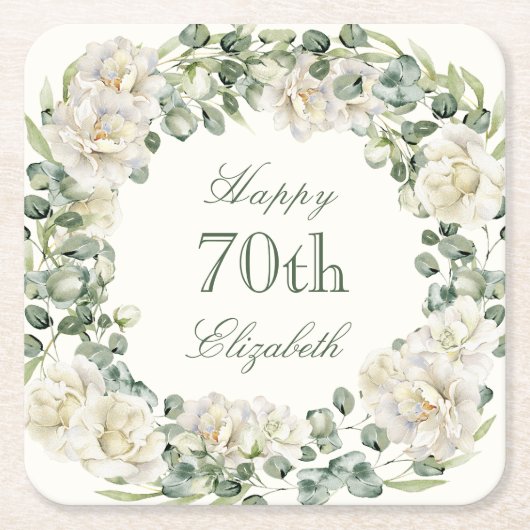 Elegant 70th Birthday Floral Greenery スクエアペーパーコースター (正面)