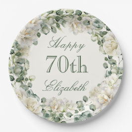 Elegant 70th Birthday Floral Greenery ペーパープレート